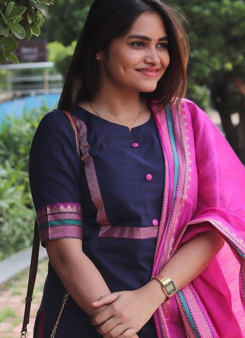 Floral printed blue round neck silk kurta with trouser & dupatta set