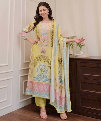 Floral printed yellow round neck silk kurta with trouser & dupatta set 1