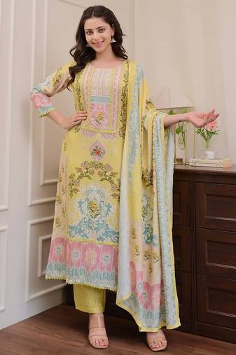 Floral printed yellow round neck silk kurta with trouser & dupatta set