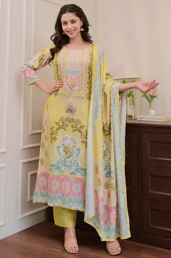 Floral printed yellow round neck silk kurta with trouser & dupatta set