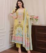 Floral printed yellow round neck silk kurta with trouser & dupatta set