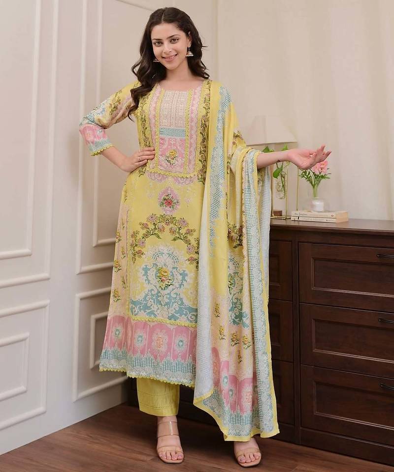 Floral printed yellow round neck silk kurta with trouser & dupatta set