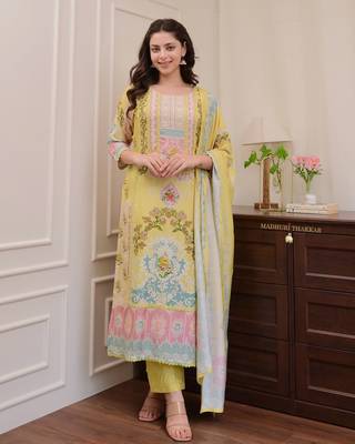 Floral printed yellow round neck silk kurta with trouser & dupatta set 2
