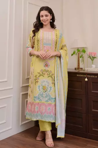 Floral printed yellow round neck silk kurta with trouser & dupatta set
