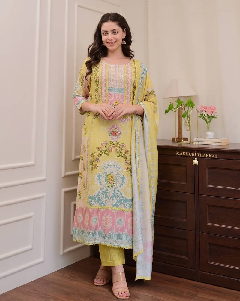 Floral printed yellow round neck silk kurta with trouser & dupatta set