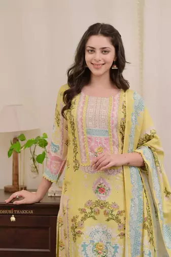 Floral printed yellow round neck silk kurta with trouser & dupatta set
