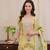 Floral printed yellow round neck silk kurta with trouser & dupatta set