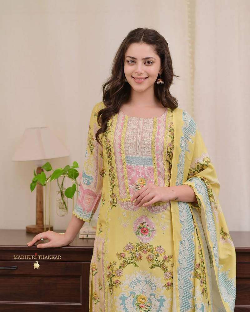 Floral printed yellow round neck silk kurta with trouser & dupatta set