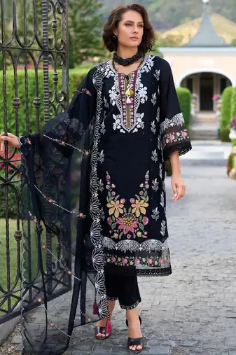 black pure chinon based embroidery worked Pakistani suit for women-Full Stitched free size