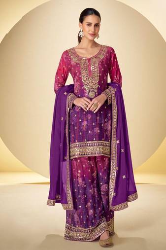 party wear chinon palazzo suit for women with print embroidery work purple-Full Stitched free size