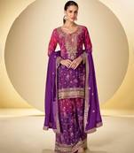 party wear chinon palazzo suit for women with print embroidery work purple-Full Stitched free size