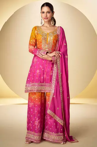 party wear chinon palazzo suit for women with print embroidery work pink-Full Stitched free size