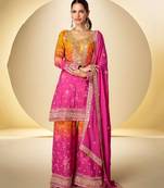 party wear chinon palazzo suit for women with print embroidery work pink-Full Stitched free size
