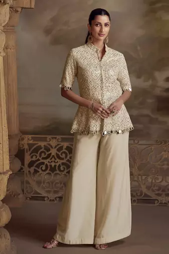 indowester style palaazo suit for women georgette fabric white-Full Stitched free size