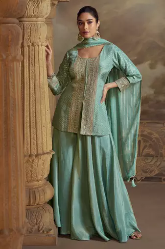 indowester style palazzo suit for women georgette fabric sky blue-Full Stitched free size