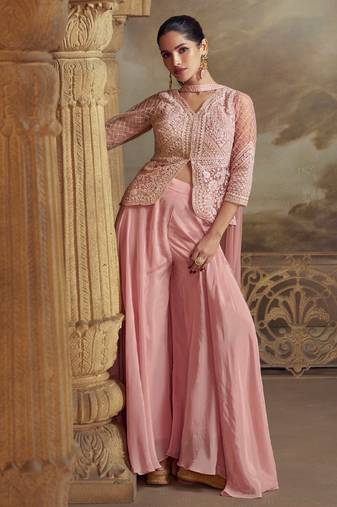 indowester style palazzo suit for women georgette fabric pink-Full Stitched free size