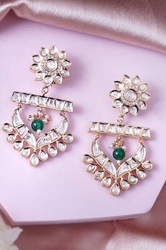 Women gold-plated ethnic dangle earrings with green kundan and bead embellishments