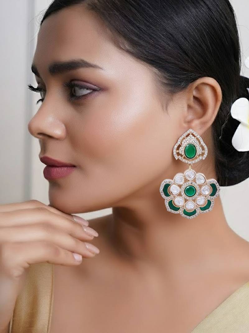 Women green kundan & bead studded gold-plated earrings