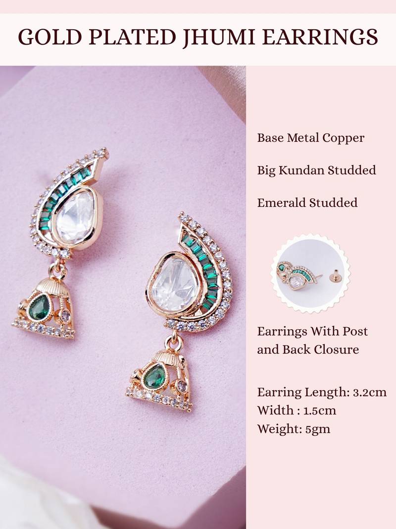 Women gold tone earrings adorned with green semi precious stones