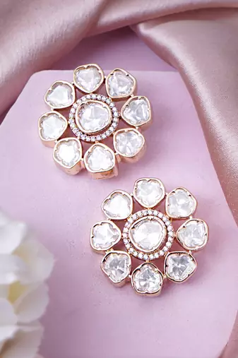 Women elegant mini flower polki stud earrings with gold plating