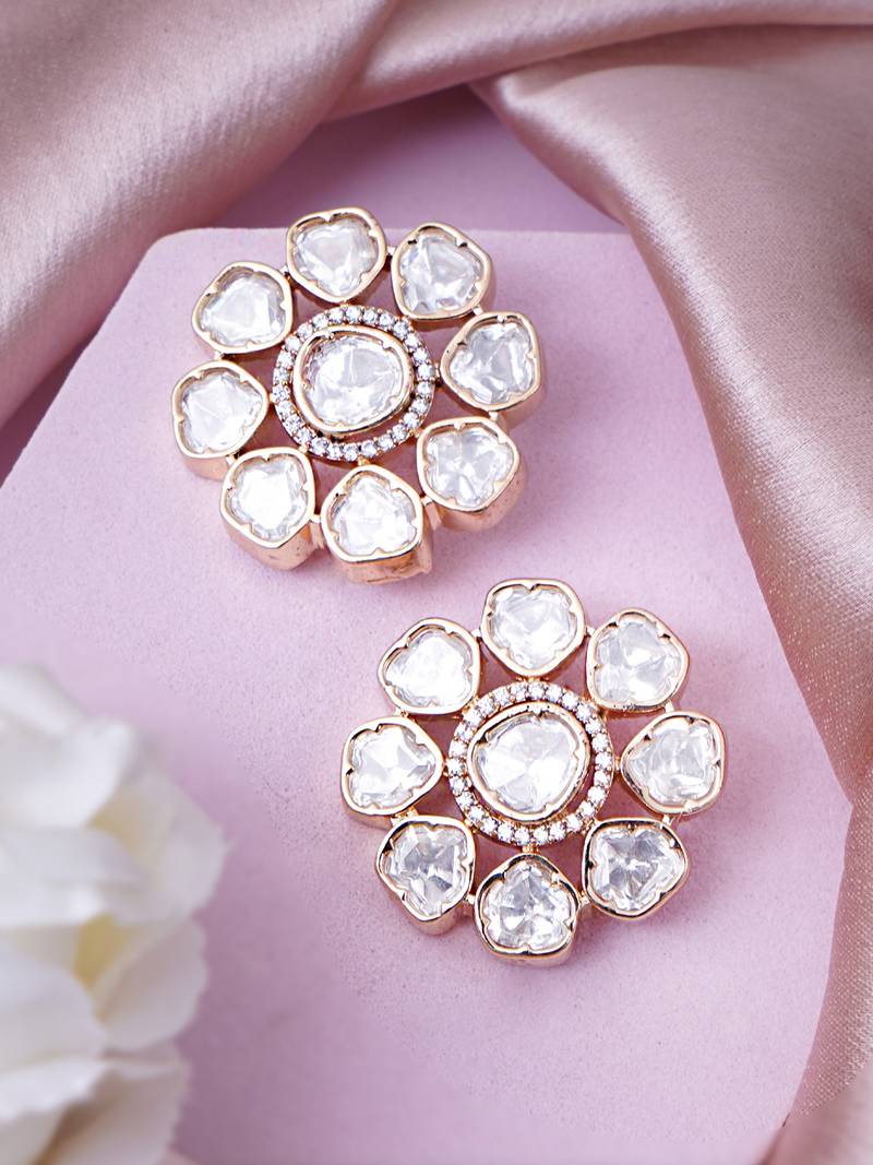 Women elegant mini flower polki stud earrings with gold plating
