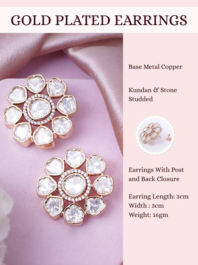 Women elegant mini flower polki stud earrings with gold plating