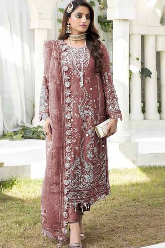 Dark-coral color embroideried faux georgette semi stitched salwar suit