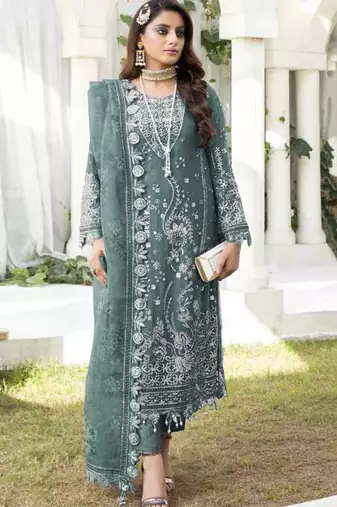 Dark-sea-green color embroideried faux georgette semi stitched salwar suit