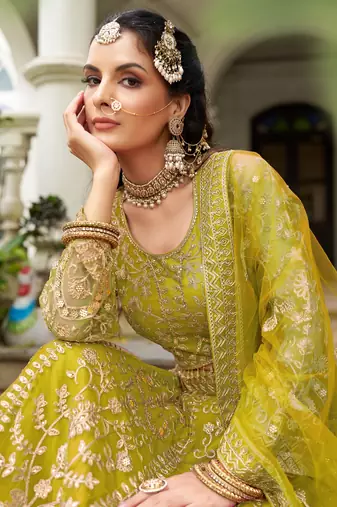 bridal wear yellow net lehenga choli embroidery stone work