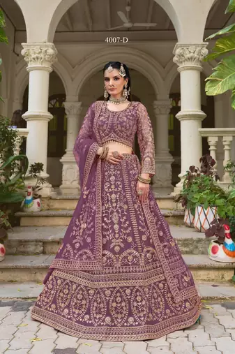 Indian wedding bridal wear lavender net lehenga choli semi stitched embroidery stone work