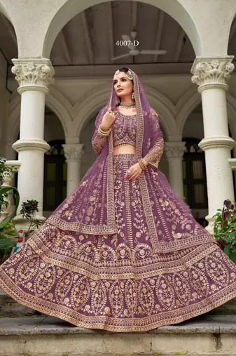 bridal wear lavender net lehenga choli embroidery stone work