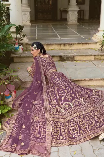 bridal wear lavender net lehenga choli embroidery stone work