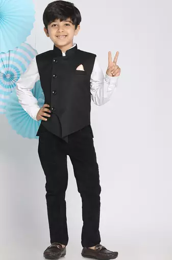 boys' black cotton blend nehru jacket