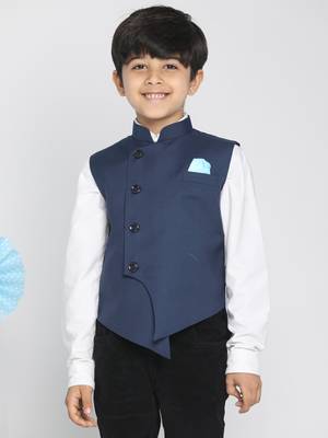 boys' navy blue cotton blend nehru jacket 1