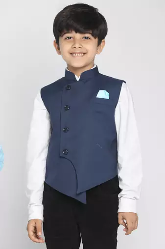 boys' navy blue cotton blend nehru jacket