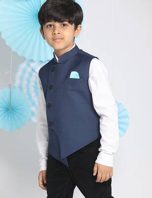 boys' navy blue cotton blend nehru jacket 2