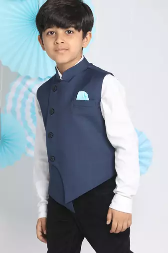 boys' navy blue cotton blend nehru jacket