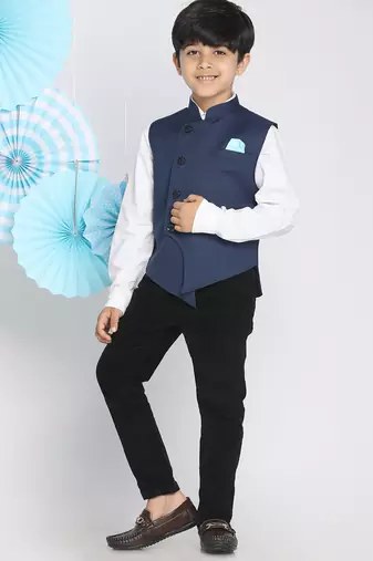 boys' navy blue cotton blend nehru jacket