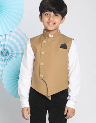 boys' beige cotton blend nehru jacket 1