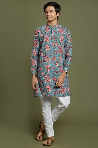 yuva boys' aqua and white kurta pyjama set