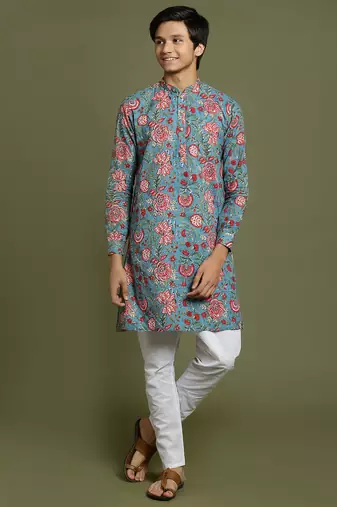 yuva boys' aqua and white kurta pyjama set