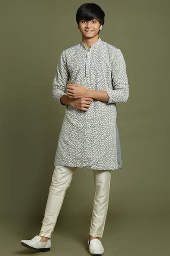 yuva boys' grey and cream kurta pyjama set