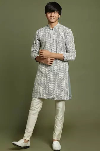 yuva boys' grey and cream kurta pyjama set