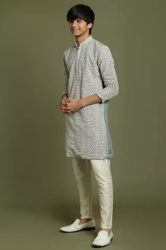 yuva boys' grey and cream kurta pyjama set