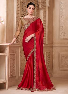 Red color satin silk blend embroidered border saree 1