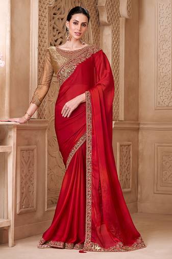 Blooming red color satin silk fancy designer festival saree