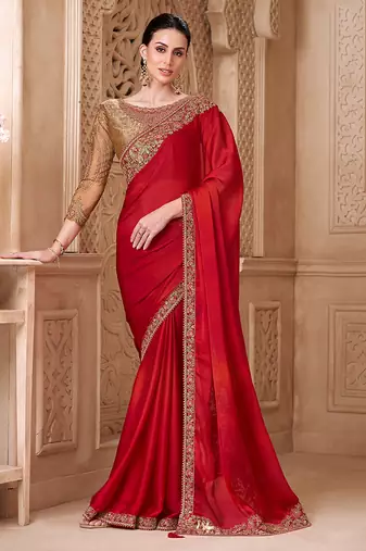 Blooming red color satin silk fancy designer festival saree