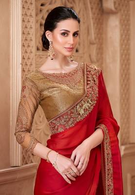 Red color satin silk blend embroidered border saree 2