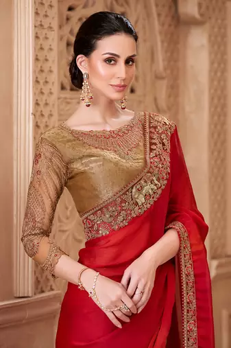 Red color satin silk blend embroidered border saree