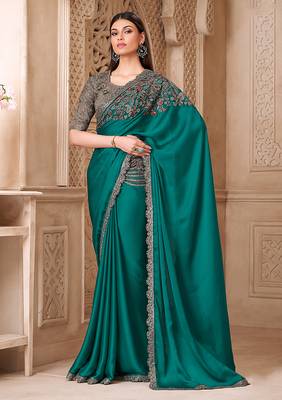 Teal color satin silk blend embroidered border saree 1